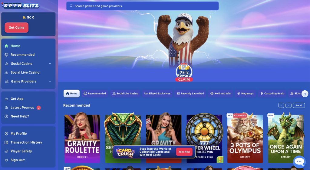 Spinblitz Sweepstakes Casino Home Screen